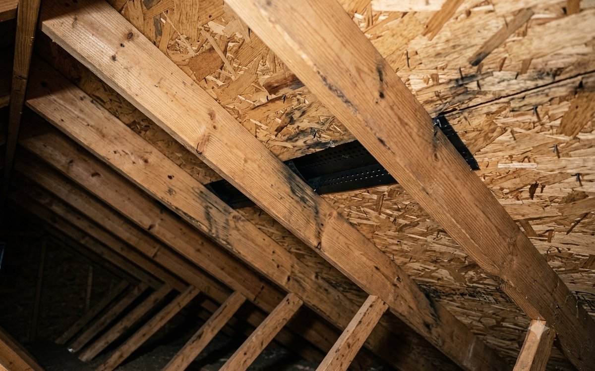 Attic roof sheathing and rafters showing dark mold staining