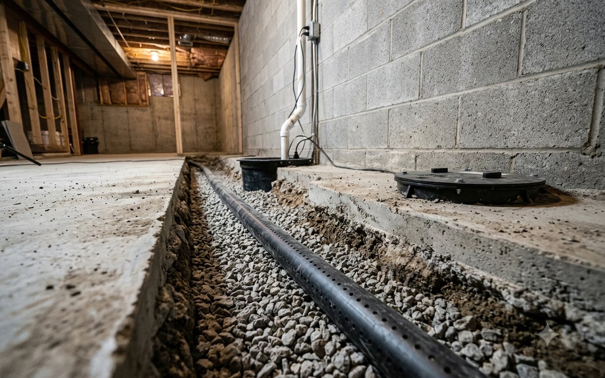 Interior drainage trench with perforated pipe and sump during basement waterproofing